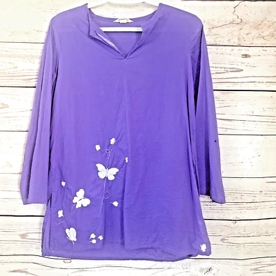 Lands' End GIRL's M (10/12) Purple Pullover Tunic Top Boho White Butterflies - Image 1 of 4