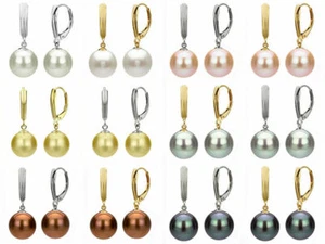 Women's 8/10/12/14/16mm South Sea Shell Pearl Dangle Leverback Earrings - Zdjęcie 1 z 24