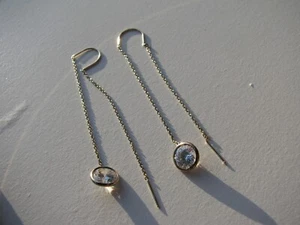 DROP DANGLE CHAIN PIERCED EARRINGS FRONT AND BACK MARKED 925 DF VERMIEL 8 MM. CZ - Picture 1 of 11