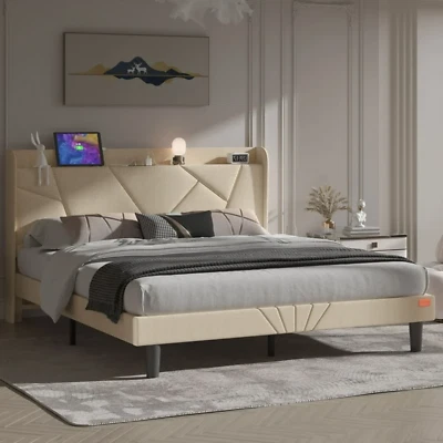 Marco De Cama Plataforma King Size Tapizada en Terciopelo Cama Cabecera Beige - Image 1 of 4