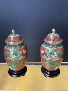 Pair Vintage Chinese Cloisonne  Jars Reddish Chrysanthemum Cloisonne Enamel 4” - Picture 1 of 10