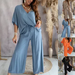 2PCS Womens Solid Half Sleeve Pullover Casual T-shirt Wide Leg Pants Sets Outfit - Picture 1 of 19