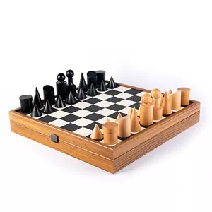 Wood Chess Set Bauhaus Style Chessmen Leatherette board 40cm Manopoulos SD50BLA - Picture 1 of 5