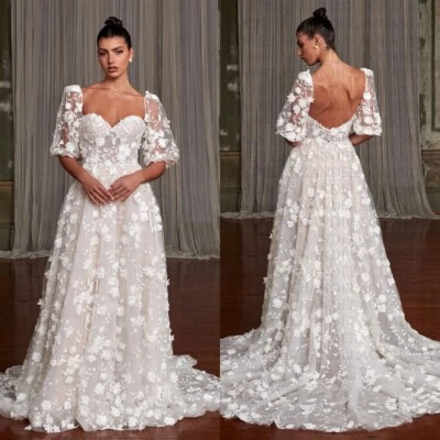 Luxury A-Line Wedding Dresses Sweetheart Puff Sleeves Lace 3D Floral Bridal Gown - Image 1 of 4