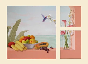 Tropischer Druck auf Leinwand-Triptychon-Früchte-Blumen-Kolibri-handverziert - Bild 1 von 10