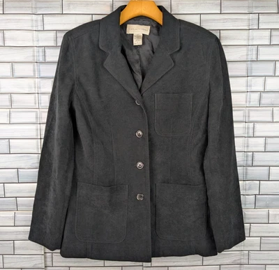 复古休闲转角西装外套女式 4 黑色人造麂皮绒衬里 4 按钮 — 第 1/4 张图片