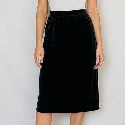 NUEVO CON ETIQUETAS J Crew M Falda Terciopelo Aplastado Negro Elástico Midi Lápiz Cintura Elástica Forrada Foto 1 de 4