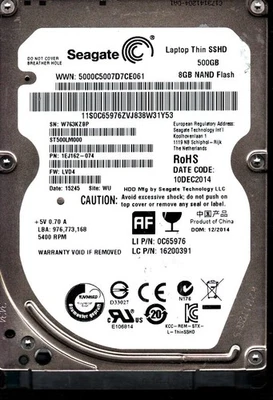 ST500LM000 P/N: 1EJ162-074 F/W: LVD4 S/N: W763 WU 500GB DEC 2014 CHINA SEAGATE - Image 1 of 2
