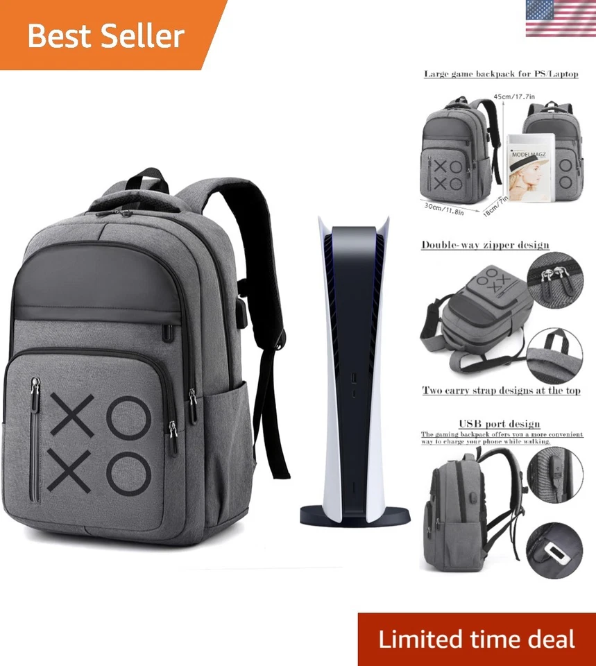 Luxury Grey Gaming Backpack for PS5/PS4 - Large Capacity & USB Charging - Image 1 of 4