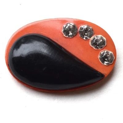 Vintage Orange & Black Celluloid Oval Button w/ Rhinestones 1-1/8” - Image 1 of 4