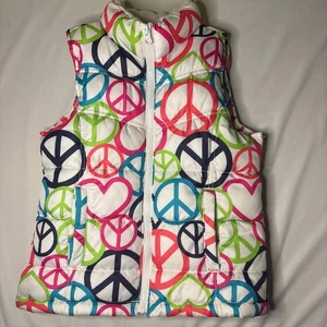 Old Navy Kids Girls Puffer Down Vest White With Peace Signs Size Medium 8 EUC - Picture 1 of 6
