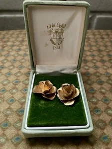 Vintage goldfarbene Rose Clip Ohrringe zum Patent angemeldet MM & 14k am Hebel orig Box! - Bild 1 von 11