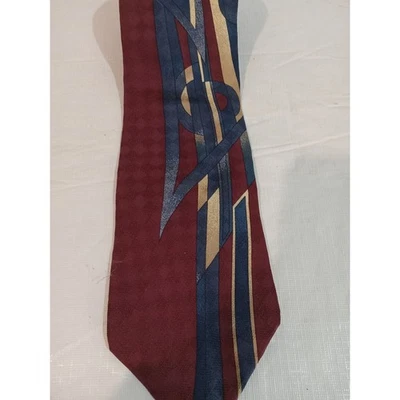 Мужской галстук BUGATTI бордовый сине-золотой с геометрическим узором из шелковой смеси - Изображение 1 из 2