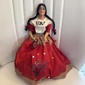 Vintage Poblana 1930'-40' Mexikanische Volkskunst Porzellan Puppe 12" #u - Bild 1 von 21