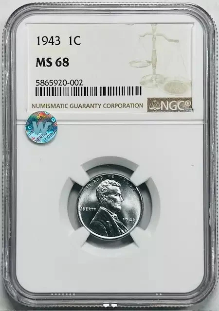 1943 Small Cents Lincoln Wheat Penny Steel NGC MS-68 Sight White - Image 1 of 3