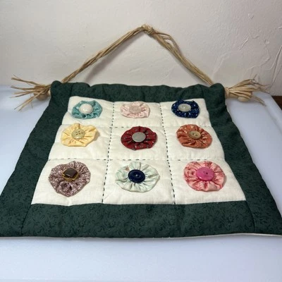 Vintage Quilted Wall Tapestry With Wood Hanger Hand Stitched Art Button Flowers - Image 1 of 4
