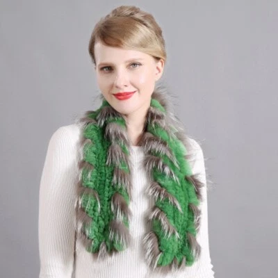 Winter Fur Scarf Women Real Rex Rabbit Warm Neckerchief With Fox Fur Trim - Image 1 of 4