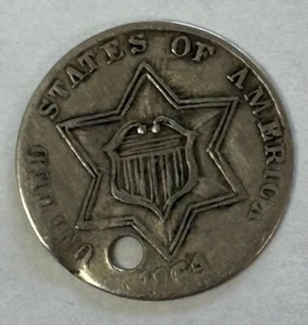 1869 US Silver 3 Cent Piece Fine Details Holed With Doubling On Date - Picture 1 of 2