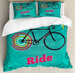 Vintage Duvet Cover Set with Pillow Shams Retro Bicycle Design Print - Picture 1 of 8