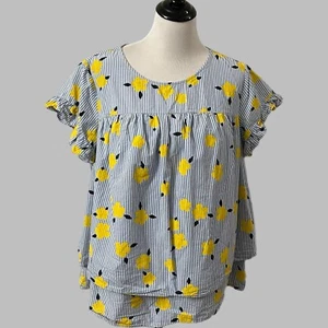 Crown & Ivy Top Plus Size 2X Blue White Stripe Yellow Floral Short Sleeve Cotton - Picture 1 of 7