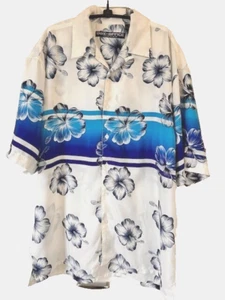Box Office Island Hawaiian Shirt Sz M Vtg Men Bright White Blue Floral Polyester - Picture 1 of 12