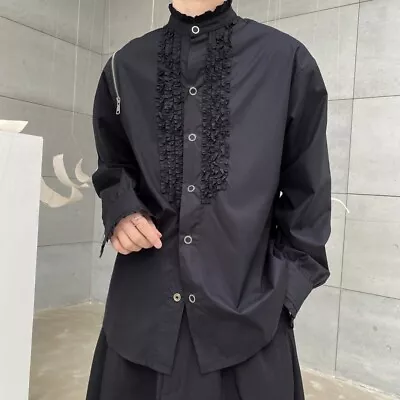 New Mens Black Stand Up Collar Palace Style Shirt Lace Clubwera Party Shirt Tops - Image 1 of 4