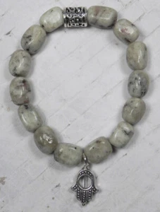 Sesame Jasper Nugget Silver Hamsa Hand Charm Stretch Bracelet Handmade 7" New  - Picture 1 of 4
