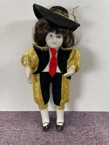 Vintage Porcelain Doll Ornament in Gold & Black Outfit - Picture 1 of 6