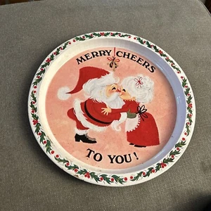 Vtg MERRY CHEERS TO YOU! Metal Tin Round Christmas Serving Tray Mr Mrs Claus - Picture 1 of 4