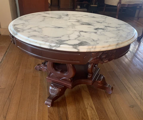Victorian Style Mahogany Wood Coffee Table 30" Round with Italian Marble Top Cover