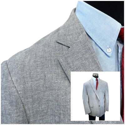 48R Stafford Signature Linen Bl Suit Jacket Sport Coat Blazer Micro Herringbone - Image 1 of 4