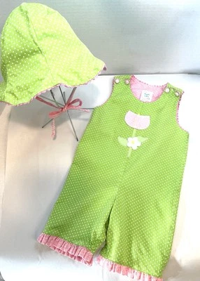 Vtg Peaches & Cream Girl's 18 Mo Romper Green White Polka Dot w/Hat 2-Piece Set - Image 1 of 4