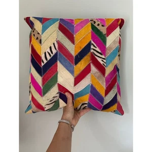 Cowhide Patchwork Decorative Pillow Cover colorful fun unique bright 18”  - Picture 1 of 17