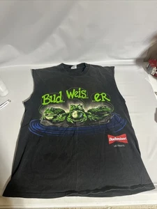 Vtg Budweiser Shirt Mens Large Black Frog Funny Pad Beer 1995 Cut Sleeves!! - Picture 1 of 10