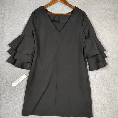 Vestido recto Nicole Miller Studio para mujer 6 negro con volantes en capas manga campana nuevo con etiquetas Foto 1 de 4