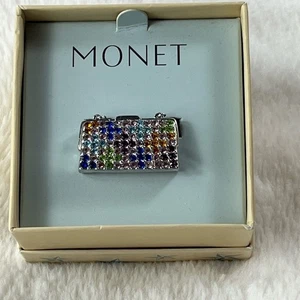 Monet Silver Multicolor Crystal Purse Pin Brooch Box Vintage 1980’s Collectible - Picture 1 of 9