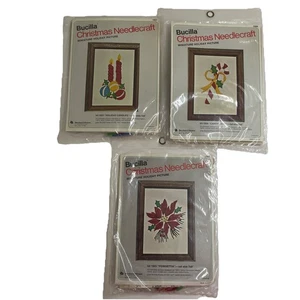 3 Vintage Bucilla Mini Need Kits 1923 Poinsettia And 1926 CANDY CANE 1927 Candle - Picture 1 of 7