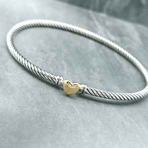 Brazalete Estación Corazón David Yurman 3mm Classis Cable Plata Esterlina Oro 18k - Imagen 1 de 6