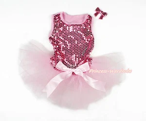 Pink Sparkle Sequins Pink Skirt Light Pink Bow Dog Pet Sleeveless Dress Outfit - Imagen 1 de 3