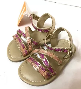 SANDALIAS BEBÉ/NIÑA PEQUEÑA 5,6 ORO METALIZADO BRILLANTE MAGENTA correa plana romana al tobillo - Imagen 1 de 4