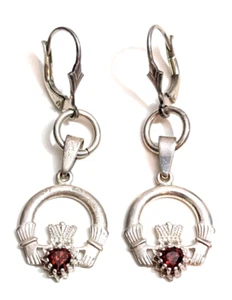 🔥Gorgeous CLADDAGH Earrings Sterling Silver HEART HANDS Ruby Dangle Celtic🔥 - Picture 1 of 5