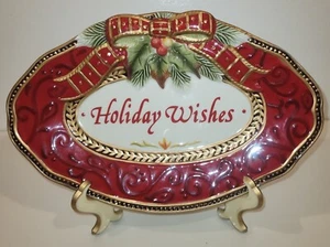 FITZ & FLOYD 'Holiday Wishes' Servizio Piatto Artigianale Cina Snack Vassoio Ovale - Foto 1 di 13