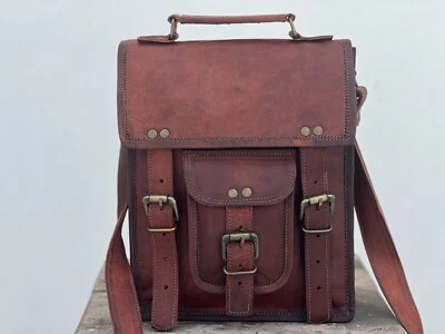 Bolso de hombro mensajero de cuero moderno vintage real hecho a mano marrón para hombre Foto 1 de 4