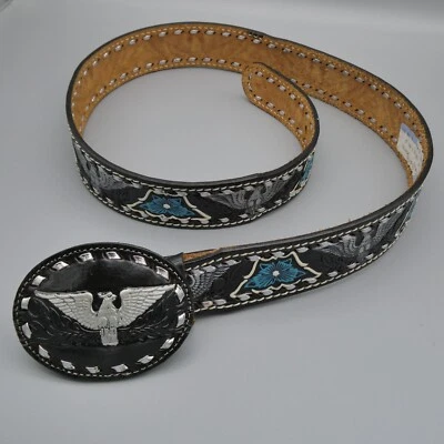 Vintage Mallory Silver Eagle Black Leather Belt Turquoise Blue Flowers 36" NOS - Image 1 of 4