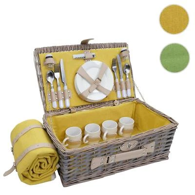 Picknickkorb-Set HWC-B24 für 4 Personen, Weiden-Korb, Porzellan Edelstahl