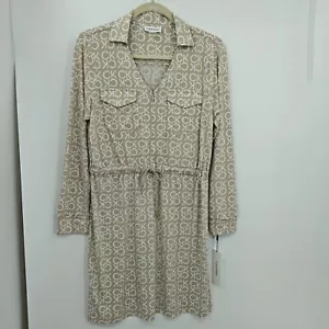 Calvin Klein Dress Size 8 Beige Signature Print V Neck Knee Length Long Sleeve - Picture 1 of 12