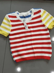 Alice + Olivia Ciara Short Sleeve Crop Crewneck Sweater Vibrant Multi Sz L New - Picture 1 of 8
