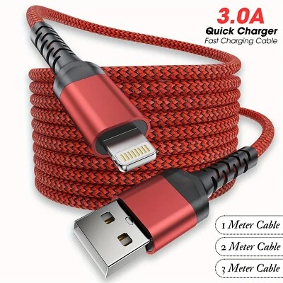 For iPhone Charger Cable Heavy Duty Braided USB Charging Lead Data Sync 1M 2M 3M - Image 1 of 4