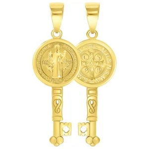 Solid 14k Yellow Gold Saint Benedict Key Charm Pendant (Reversible) - Picture 1 of 5