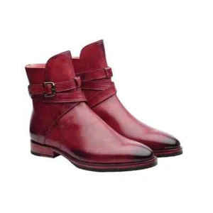 Handmade Burgundy Color  Leather Boots Mens Rounded Strap Hand Painted Jodhpur - Bild 1 von 3